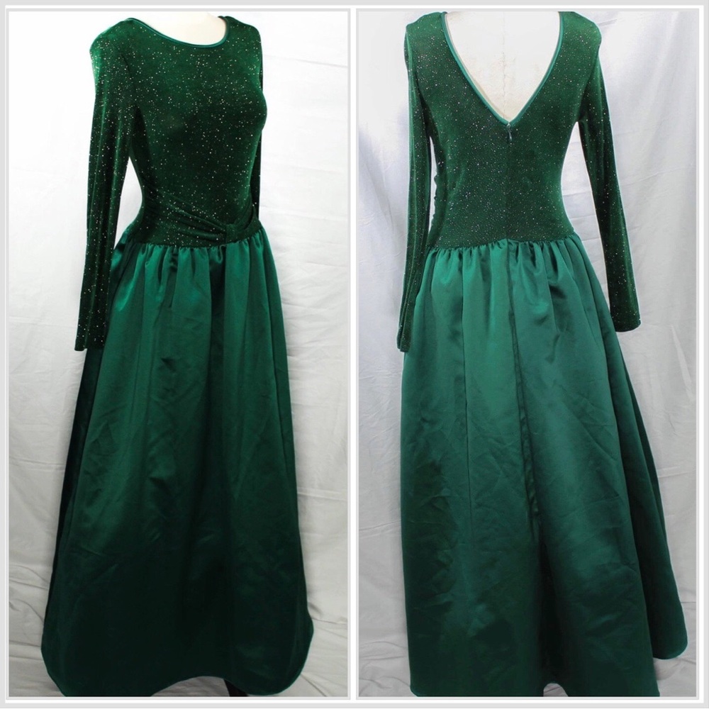 Vintage 1990s Emerald Green Gown Gold Glitter Fleck Bodice prom